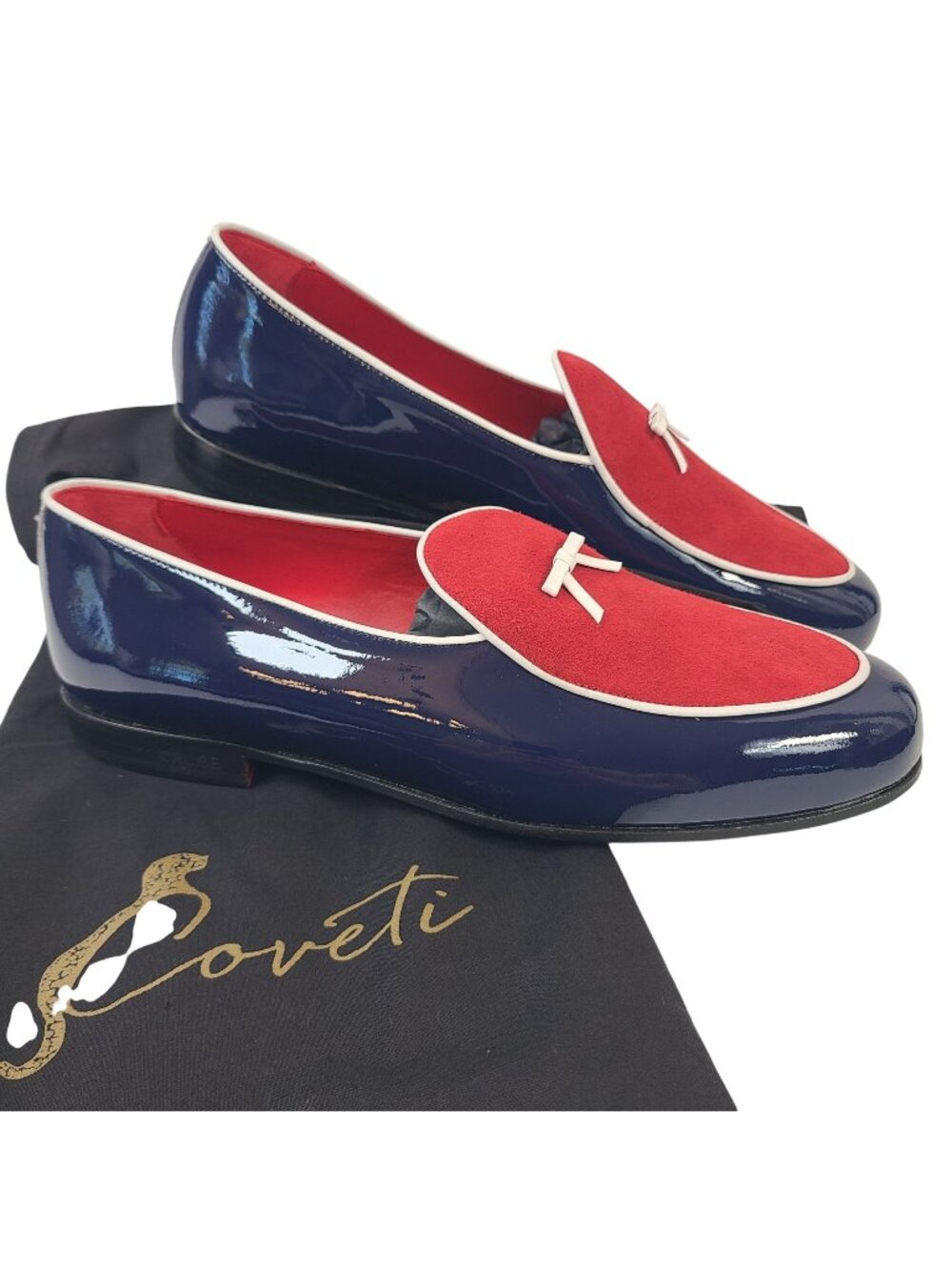 NEW Coveti Belgian Slipper Patent Leather Navy & Red Loafers US 11 D W/ Dustbag
